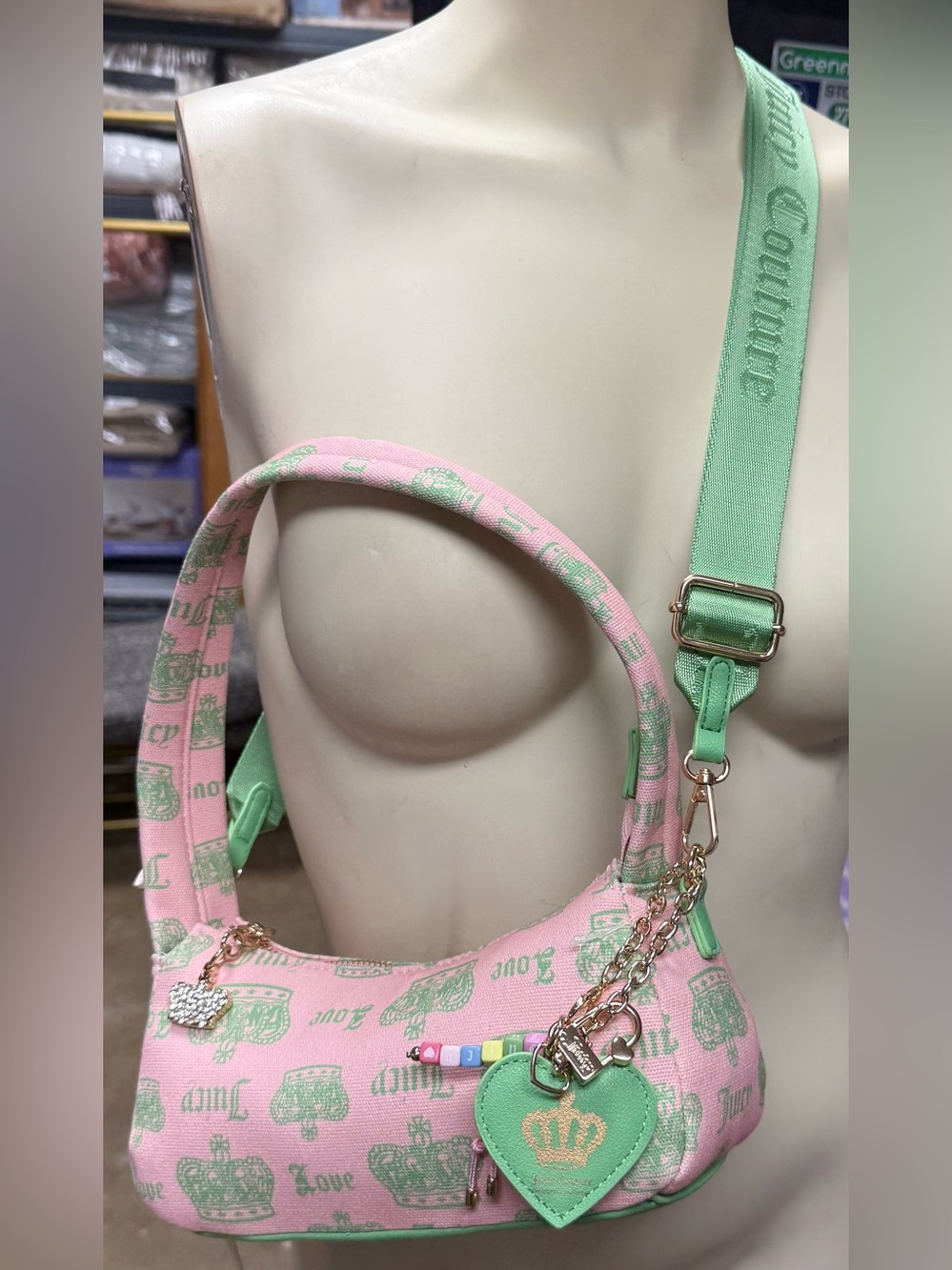 Juicy couture crossbody purse pink mint green logo strap heart crown beads charm
